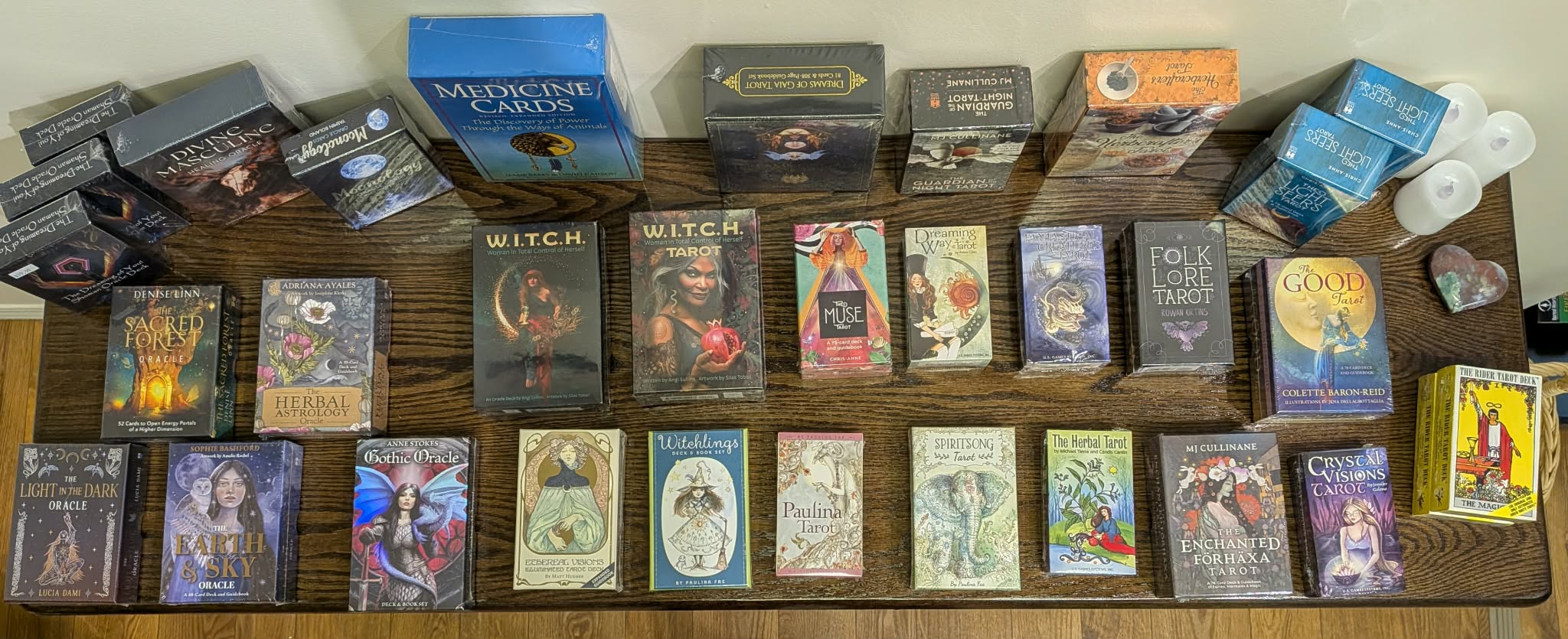Tarot decks arranged on table