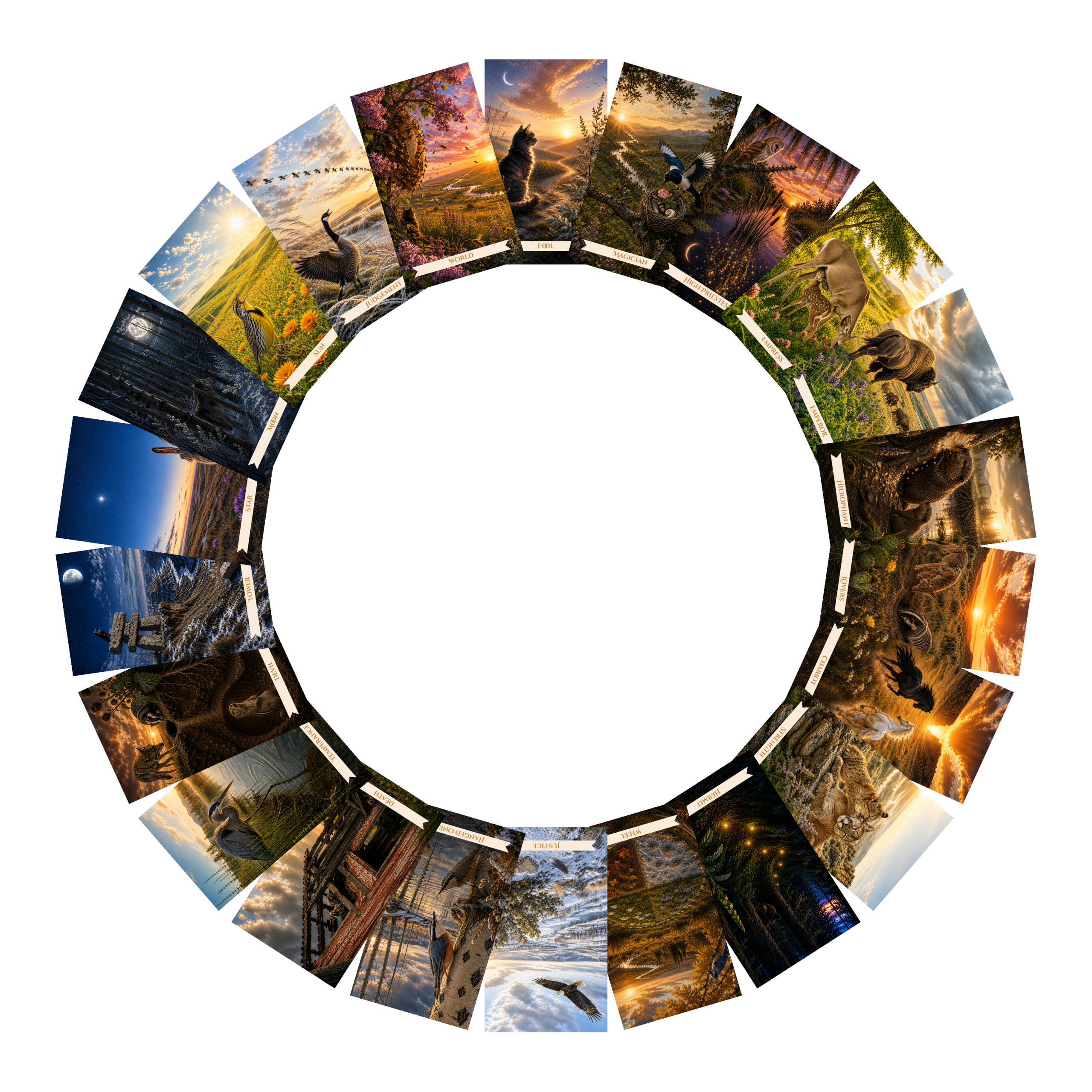 Major Arcana tarot cards arranged in a circle for the Medicine Hat Tarot Circle at Curious Nature Studio
